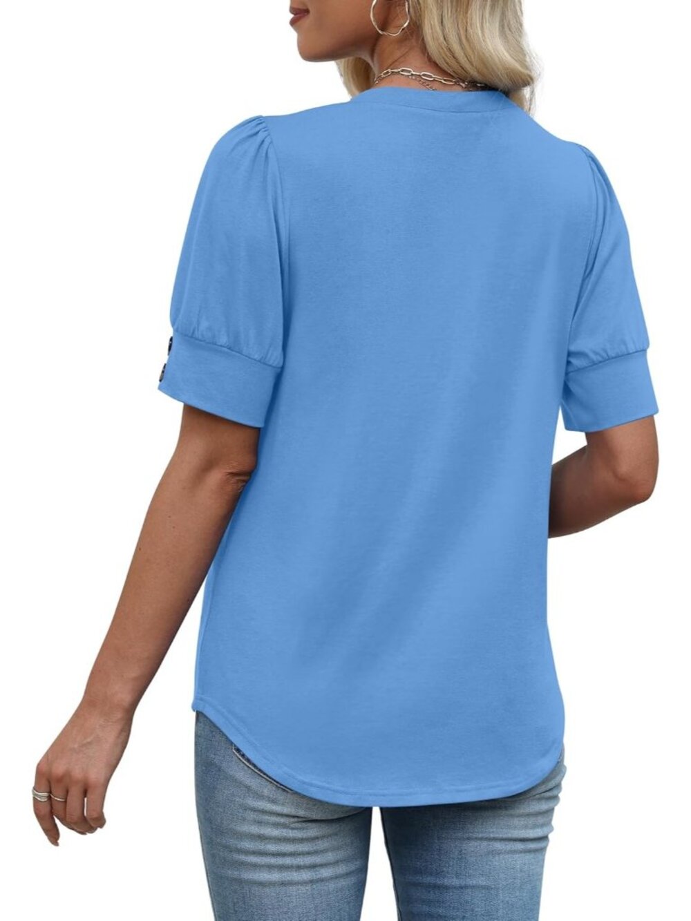 Women's Blue V-neck Puff Short Sleeve Button Cuff Classic Summer Blouse Tee Top. - Picture 5 of 5